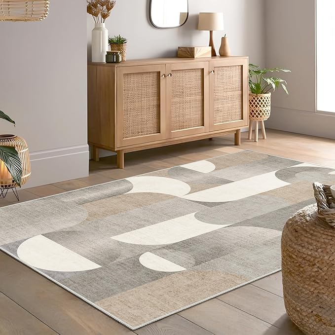 Beige Rug 4x6.5 Washable Area Rugs for Bedroom Living Room Kitchen Entryway Bedside,Small Modern Geometric Non Slip Carpet