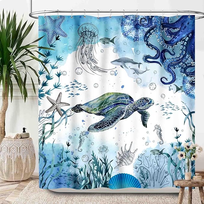 Sea Turtle Shower Curtain,Nautical Blue Teal Ocean Fish Underwater Animal Seashell Jellyfish Coastal Theme Bathroom Curtain Waterproof Fabric Machine Washable with Hooks,72x78Inch