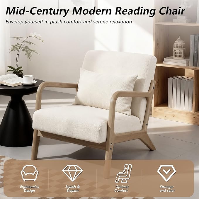Modern Accent Chair with Wooden Frame & Linen Fabric, Mid Century Modern Chair with Lumbar Pillow, Cozy Accent Chair for Living Room, Bedroom, Reading Nook or Small Spaces