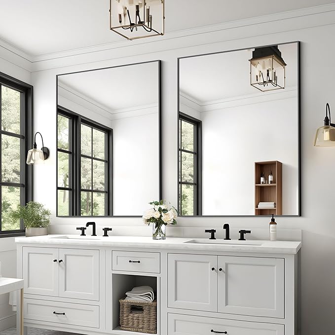 KOCUUY Black Mirror, 48"x36" Rectangle Bathroom Mirror for Over Sink, HD Tempered Glass, Anti-Rust Frame, Modern Design for Bathroom, Bedroom, Living Room, Entryway, Hang Horizontal/Vertical