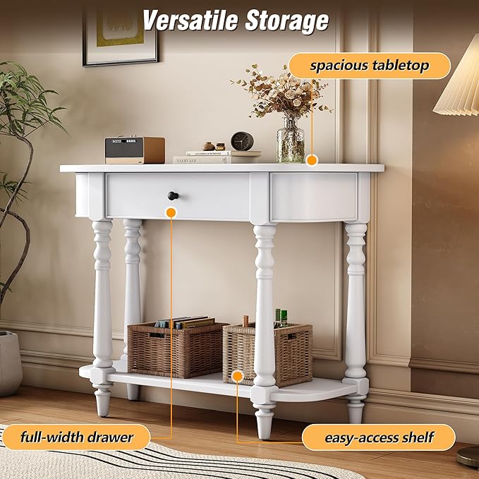 SOFTSEA Curved Corner Console Table with Drawer, 36" Entryway Table with Open Storage Shelf, Retro Curved Enterway Table with Storage, Save Space, White