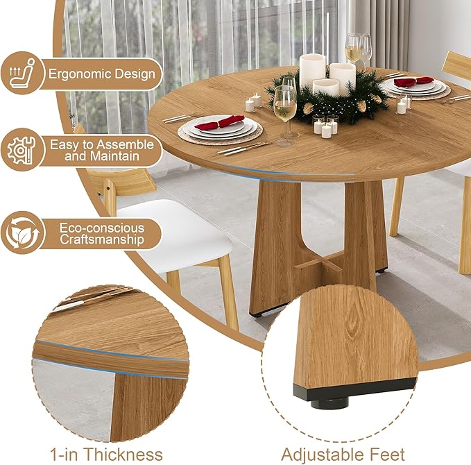 47" Round Dining Table Set for 4, Wood Grain Table and 4 Brown Suede Upholstered Chairs Set, Modern Kitchen Table Set with Cross Legs