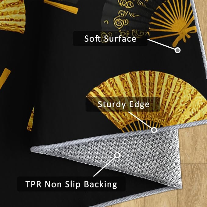 Oriental Fan Runner Rug 3x6, Black and Gold Vintage Asian Design, Japanese Style Area Rug, Washable Carpet Runner for Bedroom, Standard Hallways, Kitchen Walkway, Dining Room Sideboard