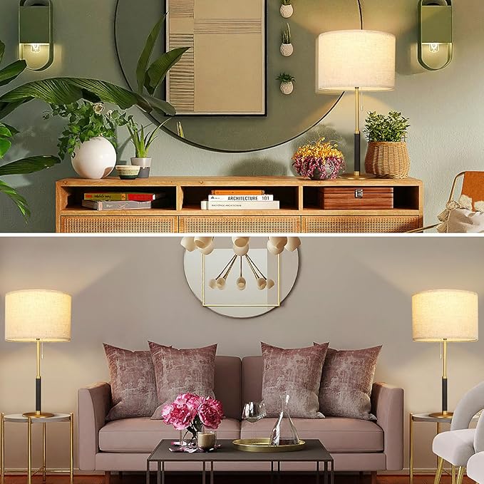26.4" Pull Chain Table Lamp Modern Mid Century Bedside Lamps for Living Room End Tables 3-Color Light for Bedroom, Solid Wood/Metal/Fabric Lamp for Home/Office/Desk Decor (Light Brown+Brass)