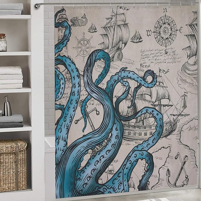 Nautical Octopus Shower Curtain,Funny Monster Ocean Kraken Pirate Ship Sailboat Retro Nautical Map Pattern Rural Bathroom Curtain Waterproof Fabric Machine Washable with Hook,72x72Inch
