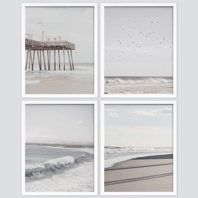 SIGNWIN Framed White Minimalist California Ocean Beach Seashore Pier Wall Art, Set of 4 Landscape Colorful Wall Decor Prints, Nature Wilderness Wall Décor for Living Room, Bedroom - 11"x14" White