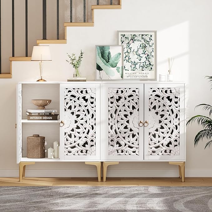 31.5" Accent Cabinet with Mandala Carved Doors, White Boho Sideboard for Storage, Coffee Bar Cabinet & Entryway Table with Gold Legs, Decorative Buffet Cabinet for Dining Room, Living Room
