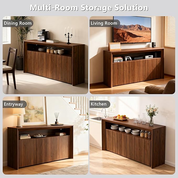 66.2" Buffet Cabinet with Storage and led Lights,Modern Sideboard Cabinet with 4 Doors & Shelves,Fluted Media Console Mid Century Coffee Bar Table for Living Room Kitchen Dining Room,Walnut