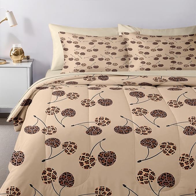 Nesker 7 Pcs Comforter Set Queen Size, Beige Leopard Cherry Bedding Set for Kids and Adults, Cute Modern Brown Sheets Bed Sheet Sets with Fitted Sheet 2 Pillowcases & 2 Shams