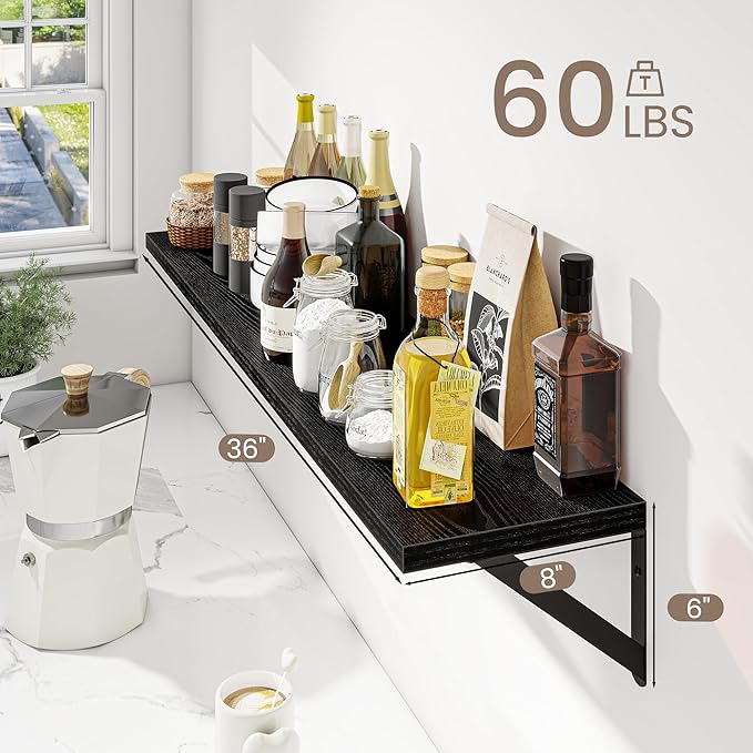 Dreamland Black Floating Shelf 36 inch, 36W x 8D Wall Mounted Shelves Set of 2, Wide Display Ledge Shelf with Sturdy Metal Brackets for Living Room, Bathroom, Bedroom and Kitchen