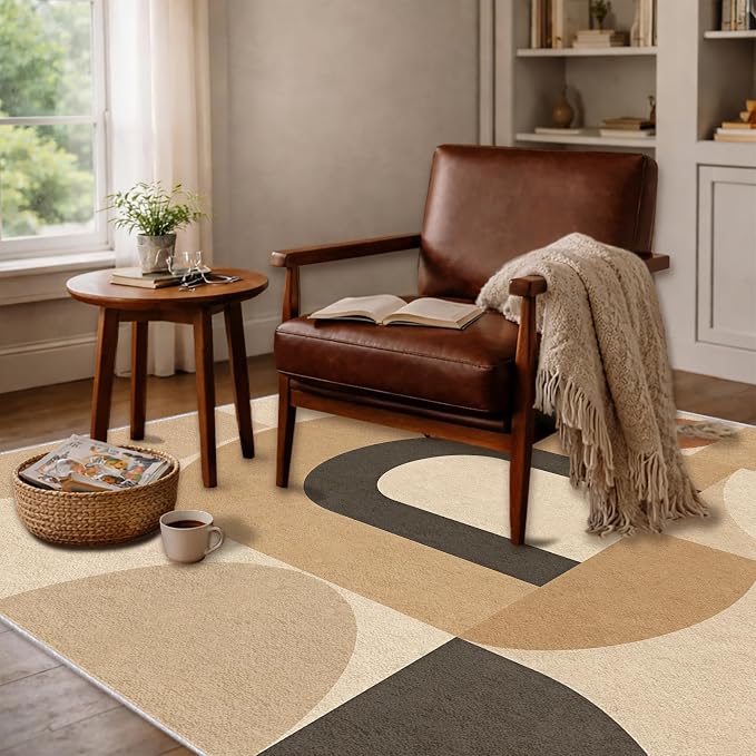 Mid Century Area Rug 5x8, Home Decor | Neutral Cream Black Geo Arc, Abstract Geometric Rug for Living Room, Bedroom, Home Office, Non Slip, Washable, Low Pile