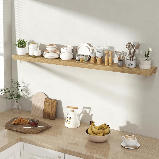 55 Inch Floating Shelves for Wall 1 Pack, 55" Wall Shelves for Books, Storage, Decor, Wall Mounted Floating Shelf with Invisible Brackets for Kitchen, Living Room, Oak