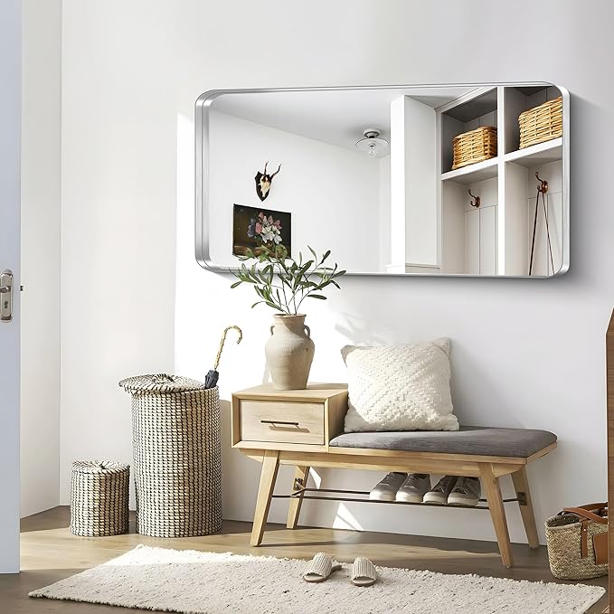 CIRCUMI Silver Bathroom Mirror, 30"x60" Rectangular Mirror with Deep Metal Frame, Rounded Corner, Tempered Glass, Large Mirror for Wall, Over 2 Sinks, Installed Vertically/Horizontally, Crystal-Clear
