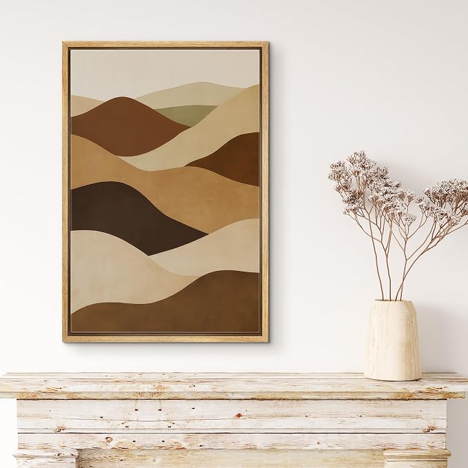 MUDECOR Framed Canvas Print Wall Art Layered Desert Hills Abstract Landscape Illustrations Fine Art Mid-Century Modern Multicolor for Living Room, Bedroom, Office - 16"x24" NATURAL