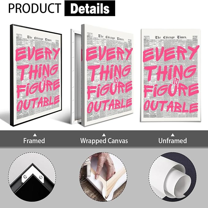 Every Thing Is Figure Outable Wall Art Retro Newspaper Pink Font Canvas Poster Positive Affirming Quote Minimalist Prints Painting For Home Bedroom Dorm Wall Decor Aesthetics 24x36in Framed