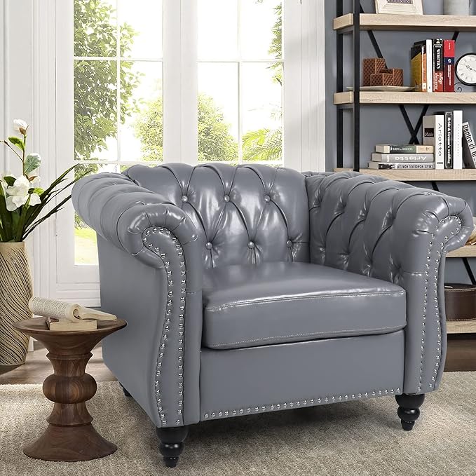 LEVNARY Leather Upholstered Armchair, Mid-Century Modern Single Sofa Chair with Rolled Arms and Nailhead, Tufted Pu Leather Chesterfield Chair for Home Bedroom Reading Room (Gray)