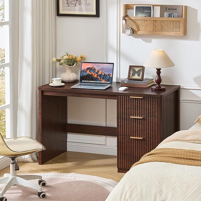 LEYAOYAO Office Desk 48" with 3 Drawers Storage File Cabinet Wood Fluted Desk for Computer Office Bedroom Home Furniture Walnut