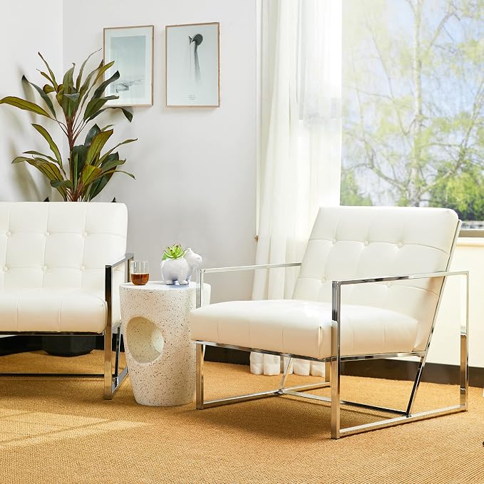 Glitzhome Mid Century Modern Accent Chairs Set of 2, Modern Living Room Chairs with Durable Metal Frame,PU Leather Cushioned, Reading Armchairs for Living Room, Bedroom, Home Office, Off White