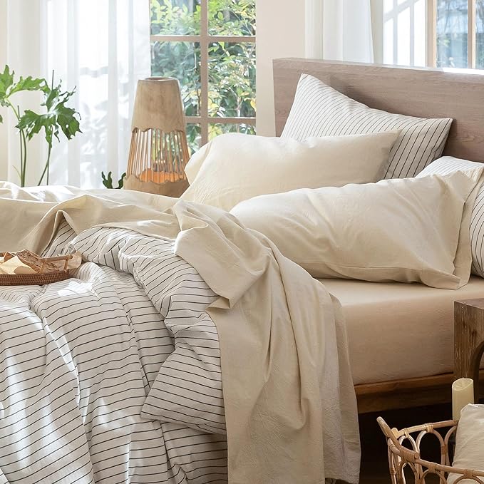 MooMee Bedding Sheet Set 100% Washed Cotton Linen Like Textured Breathable Durable Soft Comfy (Heathered Almond Milk Grey, Twin)