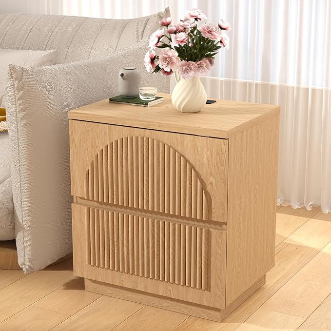 Nightstand with Drawers, 2-Drawer Arched Fluted Nightstand with Charging Station, Wooden Night Stand with Storage,Modern Furniture for Bedroom Organization