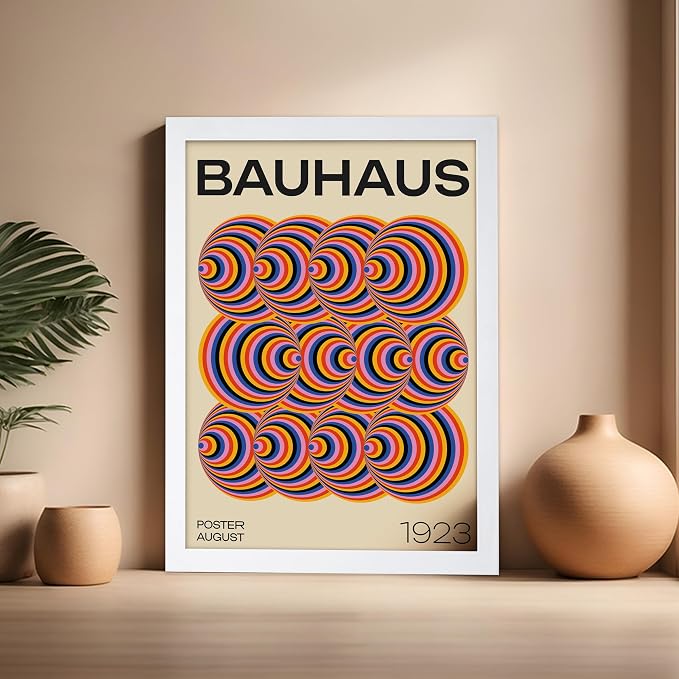 Poster Master Bauhaus Poster - Abstract Spiral Print - Geometric ART - Rainbow ART - Psychedelic Style - Chic Boho - Mid Century Modern - Living Room or Bedroom Decor - 16x20 White Framed