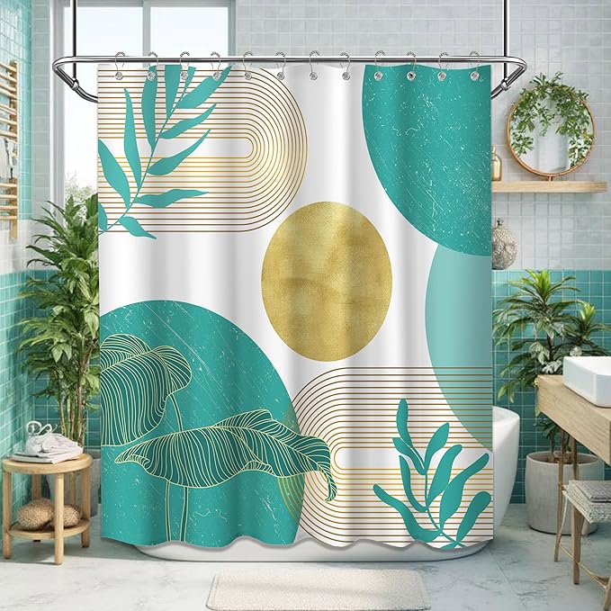 Teal Blue and Gold Shower Curtain Turquoise Aqua and White Shower Curtains for Bathroom Decor Boho Mid Century Bath Curtain Set, Waterproof Fabric with Hooks 70 x 72 Inch