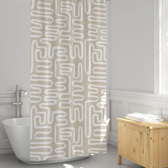 Linen Beige White Abstract Print Shower Curtain - Boho Pattern - Modern Minimalist Home Decor - Neutral Scandi Style Fabric Shower Curtain For Any Bathroom - 72x72 Inches (Linen Lines)