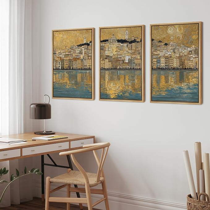 wall26 Framed Print Wall Art Set Golden Cityscape Reflection Gustav Klimt Inspired Coastal TownDecorative Minimal Relax/Zen for Living Room, Bedroom, Office - 16"x24"x3 NATURAL