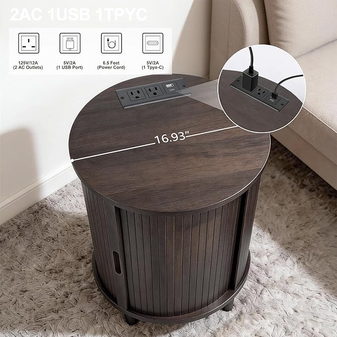 DHH End Table Set of 2 with Storage & Charging Station, Fluted Accent Side Table with Sliding Door & Adjustable Shelf, Mid-Century Nightstand for Small Spaces, Living Room, Bedroom(2, Coffee Brown)