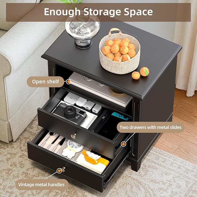 24" Wide Farmhouse Nightstand with Charging Station, Solid Wood End Table with 2 Large Drawers & Open Shelf, Bedside Table with USB Ports and Outlets, Side End Table for Bedroom
