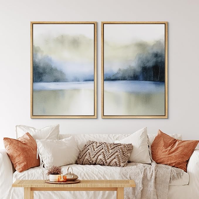 IDEA4WALL Framed Canvas Print Wall Art Set Serene Blue Lake Watercolor Landscape Illustrations Modern Art Decorative Coastal Cottage Seascape for Bedroom - 16"x24"x2 Natural