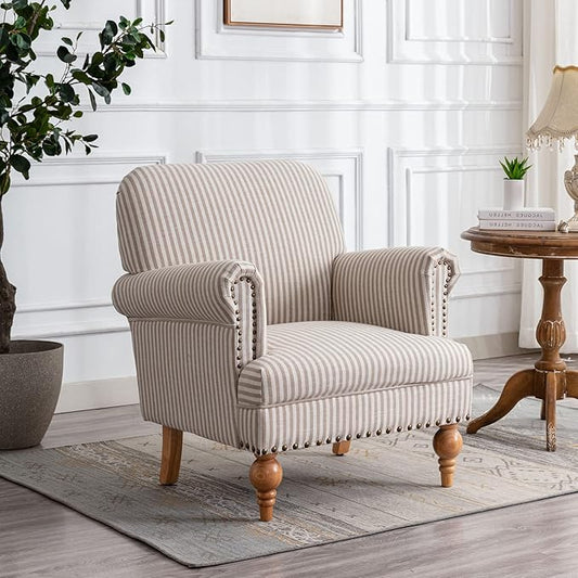 Linen Accent Chair Mid-Century Modern Living Room Armchair with Nailhead Trim & Wood Legs Comfy Upholstered Single Sofa Chair for Lounge/Bedroom/Reception, Khaki Stripe