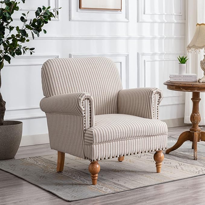 Linen Accent Chairs Set of 2 Mid-Century Modern Living Room Armchair with Nailhead Trim & Wood Legs Comfy Upholstered Single Sofa Chair for Lounge/Bedroom/Reception, Khaki Stripe
