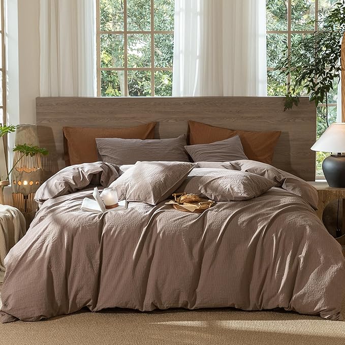 MooMee Wavy Striped Duvet Cover Set 100% Washed Cotton Linen Like Textured Breathable Durable Soft Comfy (Brown, King 104"x90")