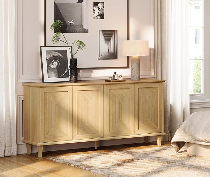 WAMPAT 65-inch Handcrafted Patchwork Decorative Buffet Cabinet with Pop-Up Design Doors,Full Unit Modern Modern Farmhouse Accent Credenza for Coffee Bar, Kitchen, and Living Room, Natural Oak