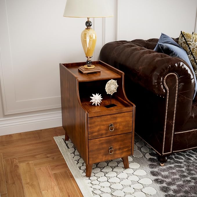 Solid Hardwood End Table with 2 Drawers, Traditional Beside Table with Pull-Out Coffee Tray, Modern Vintage Sofa Chair Side Table Nightstand for Living Room Bedroom, Cherry Brown Accent Table BGA1359