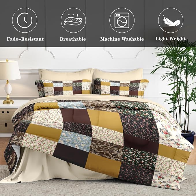 WeCozy 7 Pcs Queen Size Comforter Set with 2 Pillowcases & 2 Shams, Vintage Boho Floral Bedding for Kids and Adults, Blossom Flower Patchwork Bed in a Bag with Flat Fitted Sheet