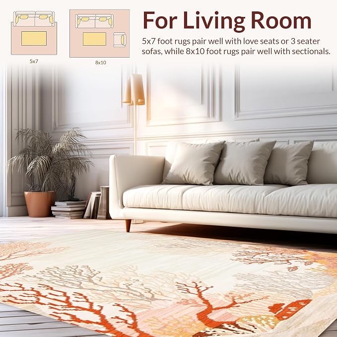 Flatwoven High Traffic Area Rug 5x7, Oceanic Reef Inspired Branching Abstract Design, Non Slip, Stain Resistant, Washable Area Rugs for Living Room, Bedroom (Coral, 5x7)