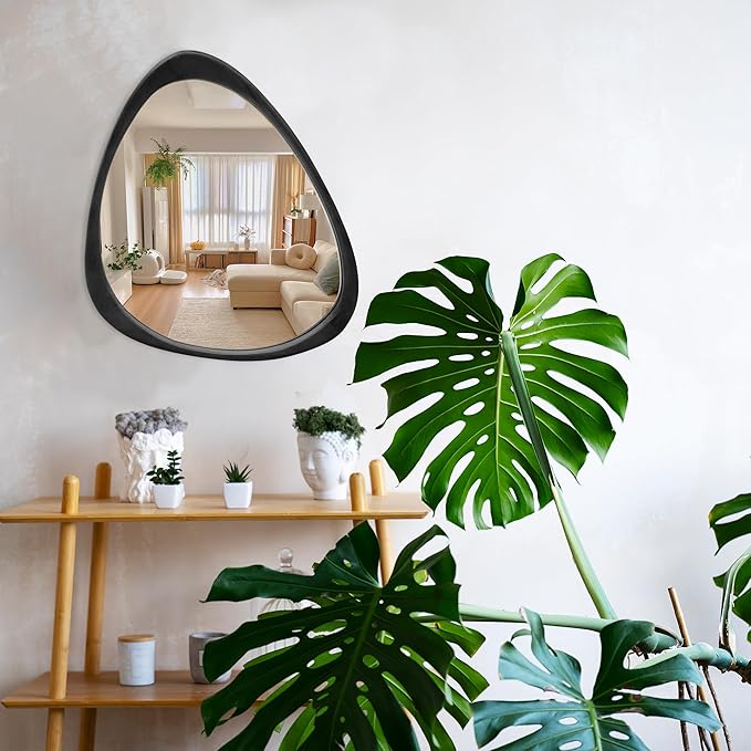 24''x19'' Asymmetrical Mirror with Wood Frame Black, Small Irregular Wall Mirror, Odd Shaped Mid Century Modern Mirror Decor for Bedroom Living Room Entryway Hall