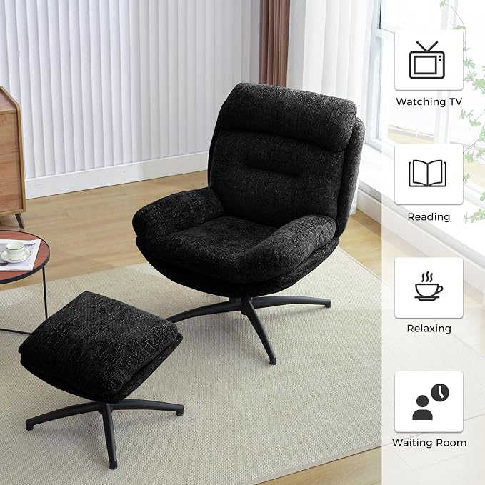Swivel Accent Chair with Ottoman Set for Living Room, Modern Armchair with High Back, 360 Swivel, Tilt, Ergonomic, Black