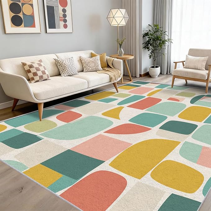 Mid Century Rug Large 8x10 70s Retro Geometric Pattern Area Rugs for Living Room, Bedroom, Mid Century Home Decor Accessories Indoor Carpet, Non Slip & Machine Washable, GD0674