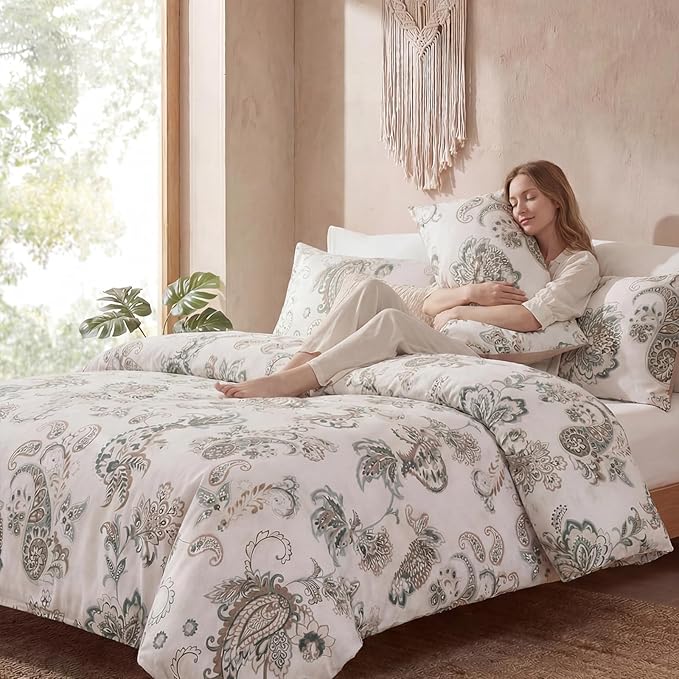 Cozeline 100% Cotton Duvet Cover Queen Size, Green Paisley Bedding Set with Zipper Closure, 3 Pcs Breathable and Soft Duvet Cover for All Season
