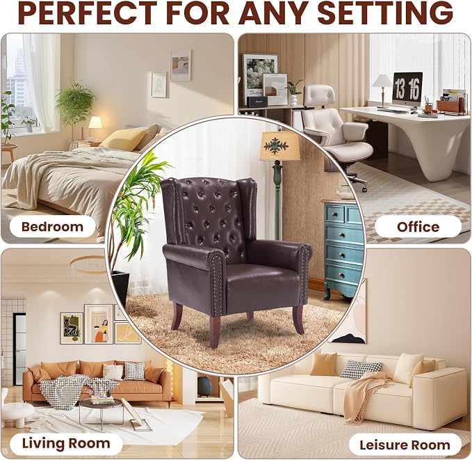Modern Accent Chair Set of 2, Mid-Century Faux Leather Armchair Upholstered Club Sofa Chair with Wooden Legs, High Back Living Room Chair for Bedroom, Office, Lounge (Caramel)