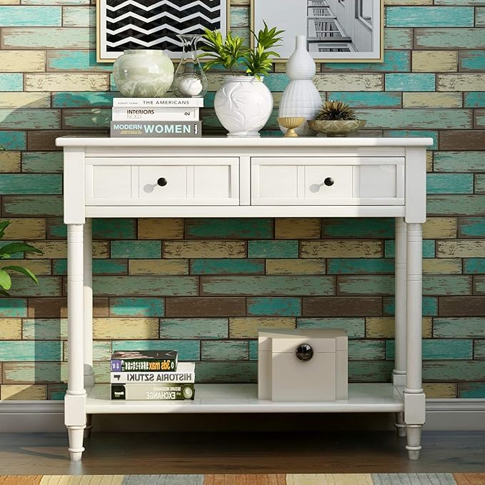 35.43” Console Table with Drawers & Bottom Open Shelf, Rustic Entryway Table with Storage, Ivory White