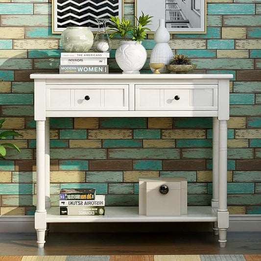 35.43” Console Table with Drawers & Bottom Open Shelf, Rustic Entryway Table with Storage, Ivory White
