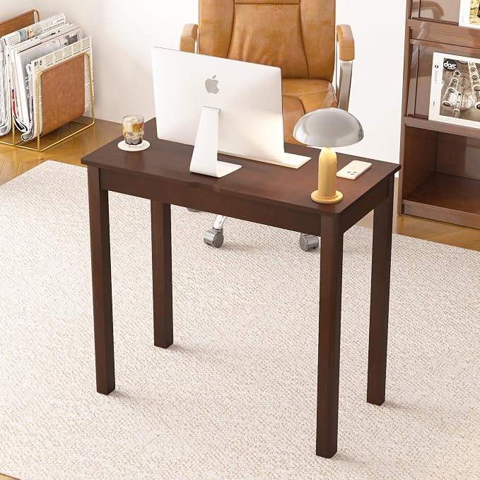 Solid Wooden Desk with Drawers - 32 x 16 Inch Vintage Narrow Desks, Mid Century Modern Desks, Rubber Wood Study Table, Small Writing Desk for Bedroom|Small Spaces - Walnut Color