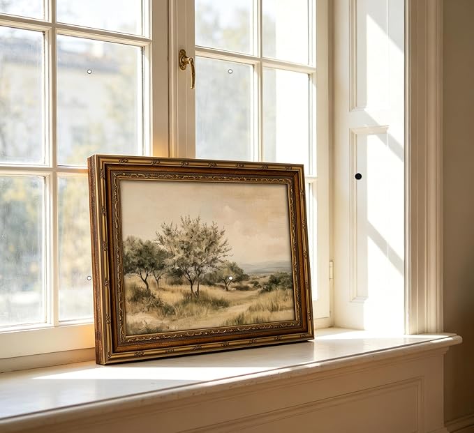Vintage Gold Framed Olive Tree Landscape Wall Art - Retro Country Farmhouse Canvas Prints, Rustic Nature Scene Painting Prints Artwork for Living Room Bedroom Dining Room Decor，12x16in