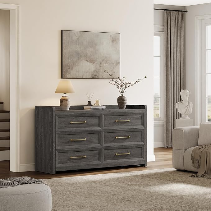 SICOTAS 6 Drawer Dresser for Bedroom-56.4" Extra-Wide Wooden Chest of Drawers with Large Storage, Long Dresser TV Stand with Drawers, Modern Closet Dressers for Nursery Living Room, Dark Grey Oak