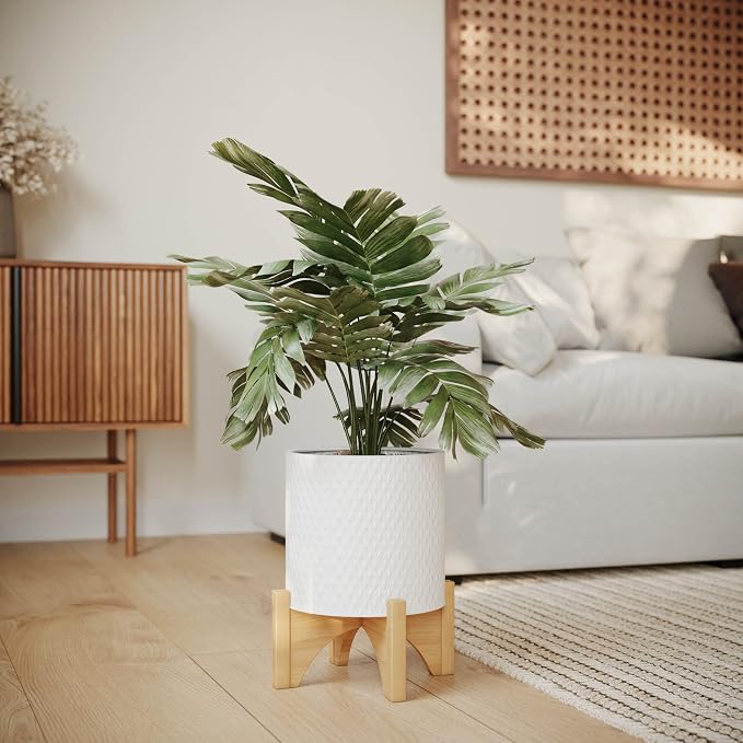 EverNest Claire Boho Modern White Planter with Arch Wood Stand, Indoor Mid-Century Plant Pot, SelectBase, Minimalist Planter Stand Home Décor (Small, 1 Gallon)