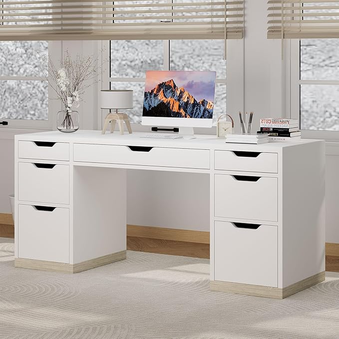 MaverickFurni White Desk with 7 Drawers, 54 Inch Executive Desk with Drawers for Bedroom, Home Office Desk with Drawers for Work Writing Study, Small Spaces